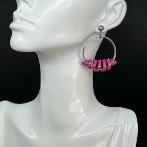 Modern Pink Geometric Spiral Hoop Earrings Silver Tone Statement Drop Dangles